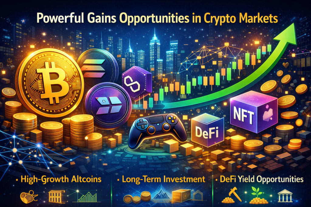 Cryptocurrency News FTAsiaManagement feature image showing powerful gains in crypto markets with Bitcoin, altcoins, NFTs, DeFi yield, blockchain gaming, rising profit arrows, and long-term investment opportunities.