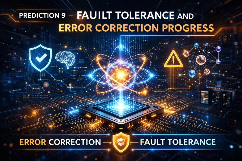 Prediction 9 – Fault Tolerance and Error Correction Progress concept image showing a glowing quantum processor with protective shield icons, warning symbols, and digital network connections representing advanced error correction and fault tolerance in quantum computing.