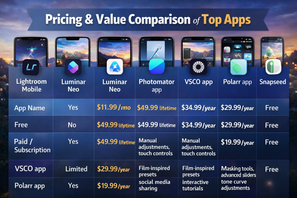 Feature image showing a comparison of top photo editing apps with price tags, subscription options, and app interfaces highlighting Best Photo Editing Apps.