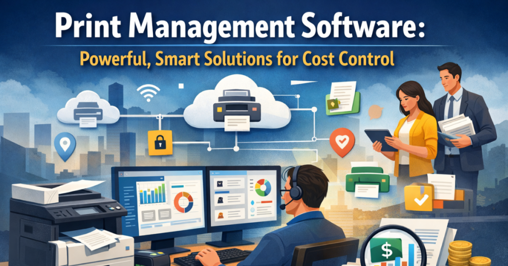 Print Management Software dashboard showing centralized printer control, cost tracking, and secure enterprise printing solutions