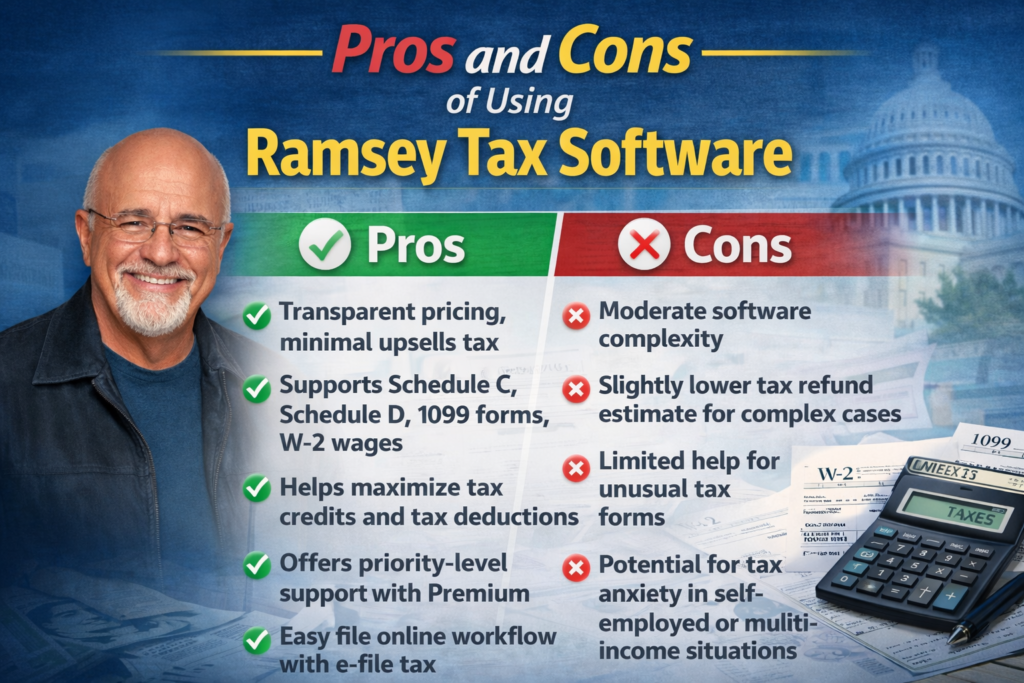 Pros and cons of Ramsey Tax Software showing transparent pricing, supported tax forms, and limitations for complex tax situations.