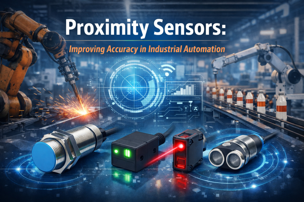 Proximity Sensors detecting objects on an industrial production line with robotic arms, conveyor belts, and machinery, illustrating automation and precision.