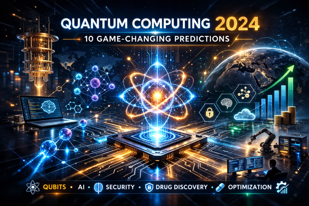Latest Breakthroughs in Quantum Computing 2024 concept image showing a futuristic glowing quantum processor with neon circuits, hybrid systems, fault tolerance icons, and global investment growth visuals in a 16:9 tech-themed design.