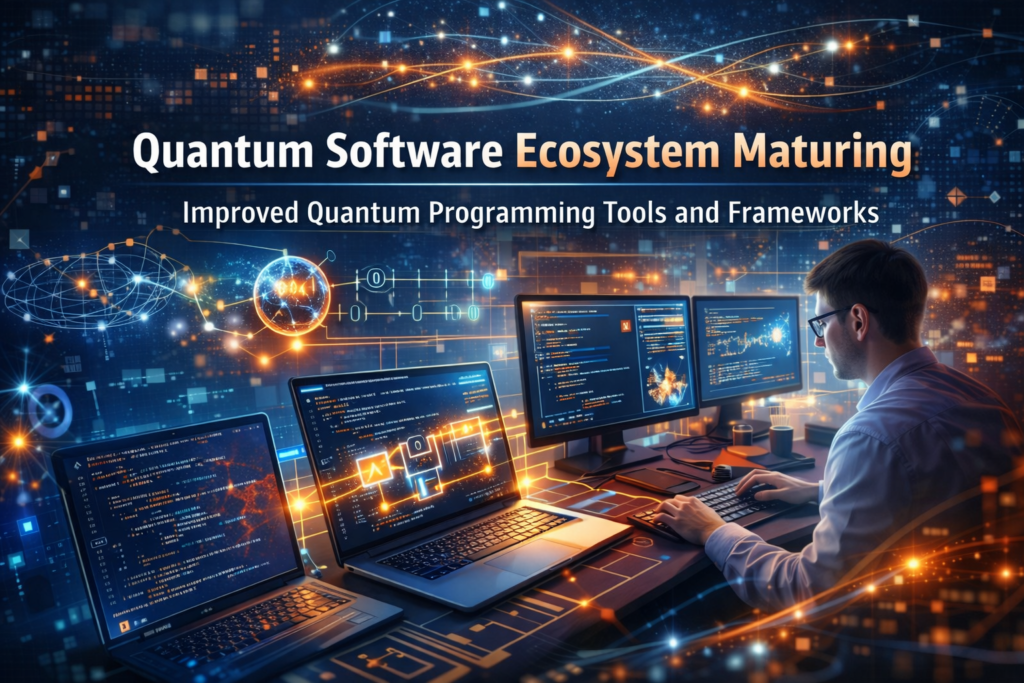 Quantum Software Ecosystem Maturing concept showing quantum code on screens, circuit diagrams, and cloud-based quantum computing interface representing advanced development frameworks in 2024.