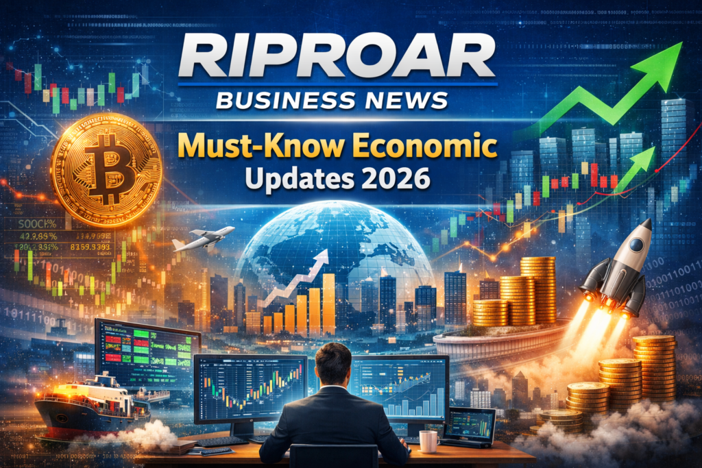 Feature image for Riproar Business News showing stock market charts, Bitcoin symbol, global skyline, rising growth arrow, and economic updates theme for 2026.