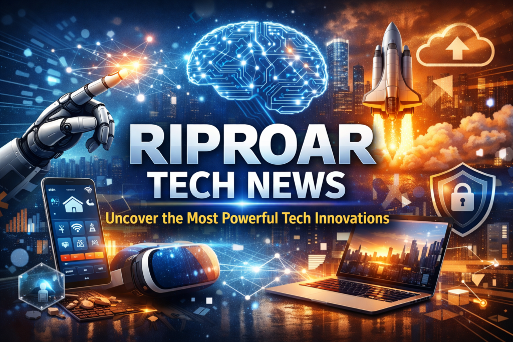 Riproar Tech News: Uncover the Most Powerful Tech Innovations – futuristic digital illustration showing AI, blockchain, smart devices, and cybersecurity elements for a modern tech news platform.