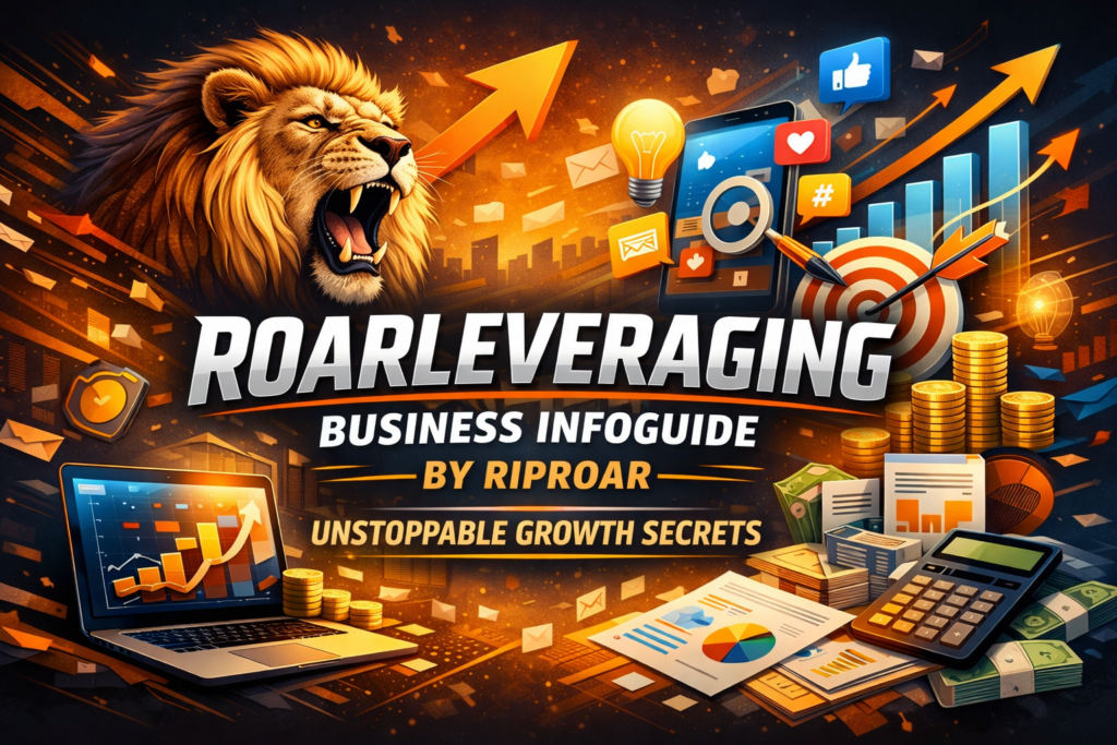 Roarleveraging Business Infoguide by Riproar – a modern 16:9 feature image showcasing strategic business growth, digital marketing, audience engagement, and smart resource optimization for sustainable success.