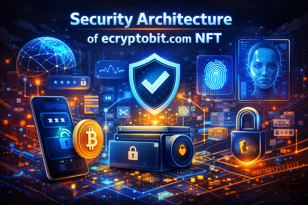 Security architecture of ecryptobit.com NFT showing blockchain encryption, biometric authentication, network monitoring, and fraud protection in a futuristic 16:9 digital illustration.