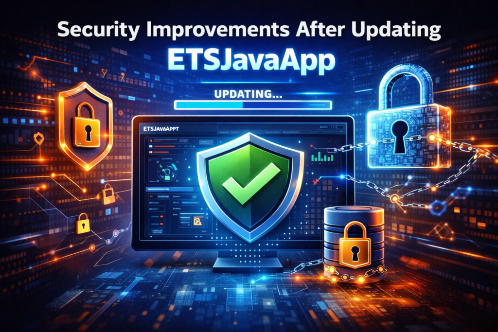 Gaming Updates From ETrueSports ETrueGames showing ETSJavaApp security improvements with encryption shields, padlocks, and protected data dashboard across Windows, Mac, and Linux platforms.