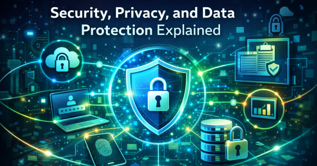 Security, Privacy, and Data Protection Explained feature image showing a digital shield with lock icon, encrypted cloud storage, secure login, database protection, and connected cybersecurity network elements in a 16:9 layout.