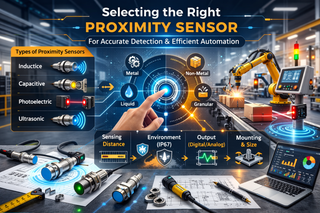 Selecting the right Proximity Sensor for industrial automation, showing various sensor types, sensing distance, environmental conditions, output types, and mounting options in a modern factory with robotic arms and conveyor belts.