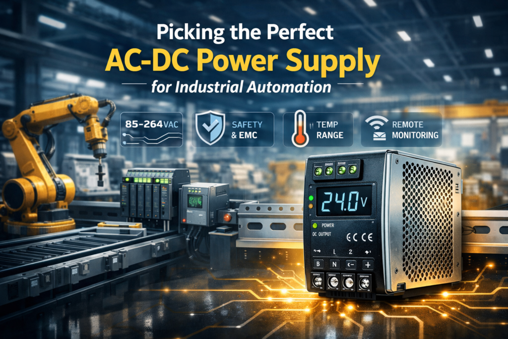 Industrial factory setting with robotic arms and automation panels highlighting an AC-DC Power Supply unit displaying 24V output, emphasizing voltage range, safety, temperature resistance, and remote monitoring features.