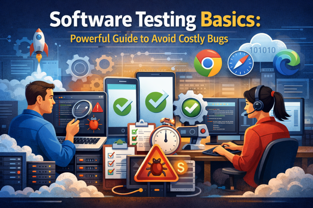 Illustration showing QA engineers performing Software Testing Basics with laptops, mobile devices, automated testing tools, and bug detection to ensure software reliability and performance.
