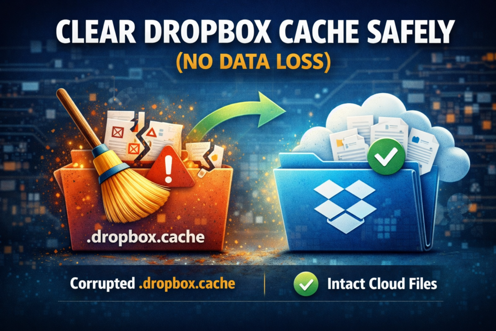 Clear Dropbox cache safely without data loss showing corrupted .dropbox.cache cleanup and intact cloud files for fixing Dropbox syncing errors.