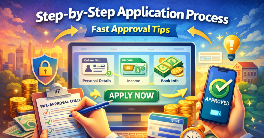 Ziimp .com Credit Cards step-by-step application process illustration showing online form, pre-approval checklist, bank info, and fast approval on mobile.