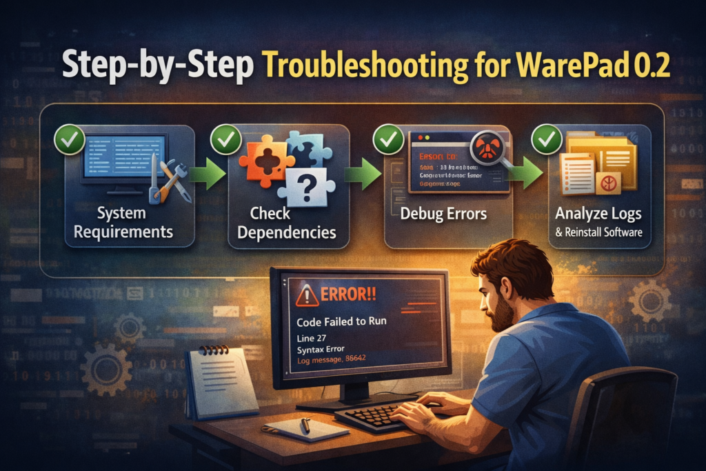Step-by-Step Troubleshooting for WarePad0.2 – a developer at a desk following a structured process with screens showing system requirements, checking dependencies, debugging errors, and analyzing logs, visualizing a clear method to fix WarePad0.2 issues (16:9 feature image).