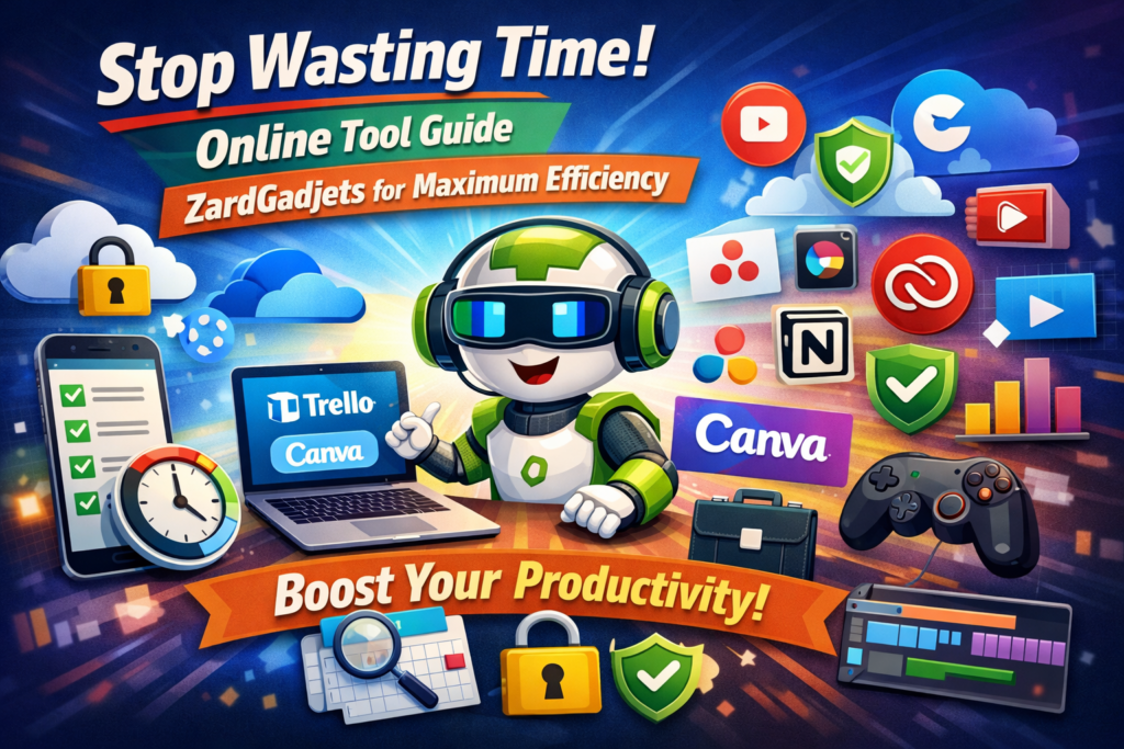 Feature image for Online Tool Guide Zardgadjets showing a robot with laptops, productivity apps, design tools, and communication icons, symbolizing digital efficiency and workflow optimization.