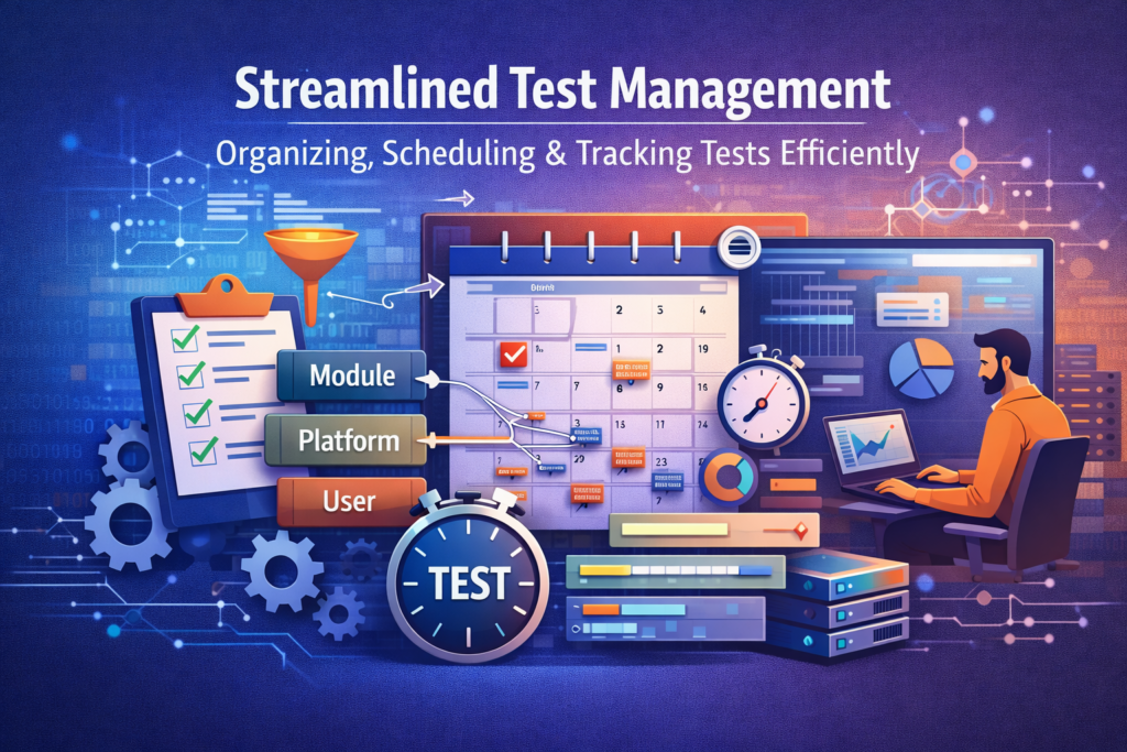Streamlined Test Management in Testing StoneCap3.0.34 Software showing organized test cases, scheduling, tracking metrics, and dashboards for CPU, RAM, and latency monitoring.