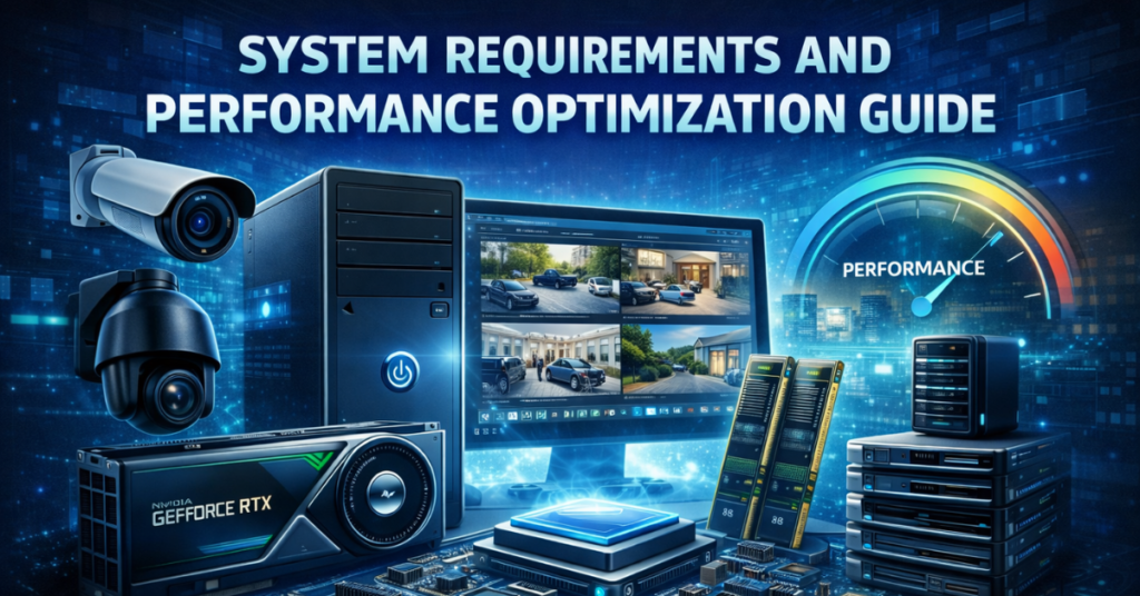 Blue Iris Software system requirements illustration showing Windows PC, multi-core CPU, 8GB RAM, GPU, storage devices, and cloud backup for optimized video surveillance performance.
