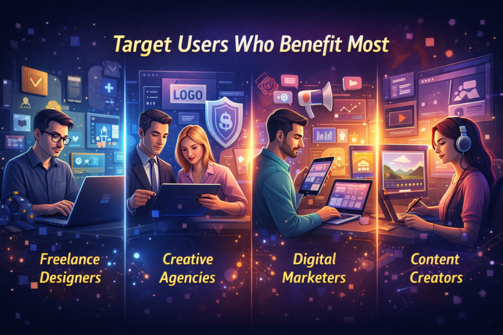 Feature image showing target users of Graphic Design Software GFXRobotection, including freelance designers, creative agencies, digital marketers, and content creators using AI-powered design and visual asset protection tools.