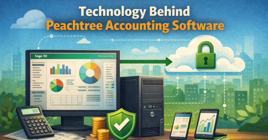 Technology behind Peachtree Accounting Software showing on-premise desktop system with cloud connectivity, secure servers, and financial dashboard