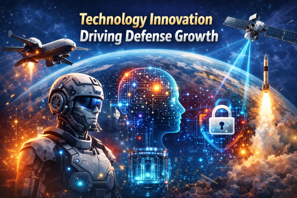 Futuristic illustration of AI robots, autonomous drones, cybersecurity shields, and space defense satellites representing Technology Innovation Driving Defense Growth in defense investing.