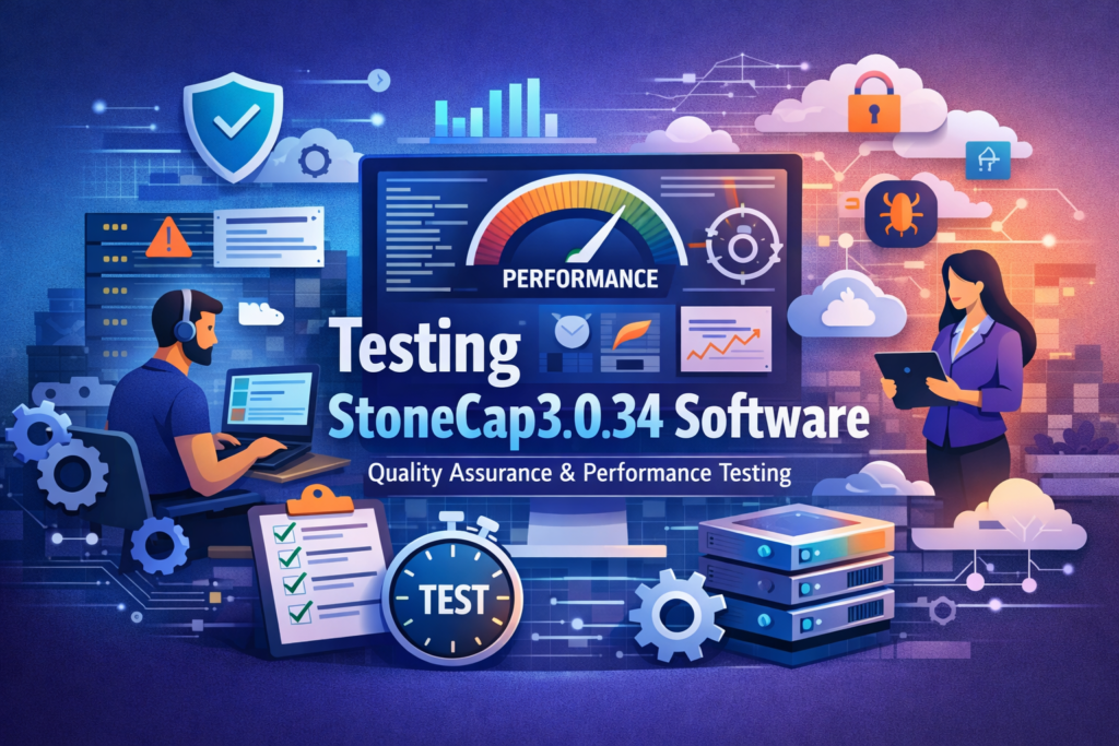 Testing StoneCap3.0.34 Software feature image showing performance testing, quality assurance dashboards, analytics, and secure software evaluation process.