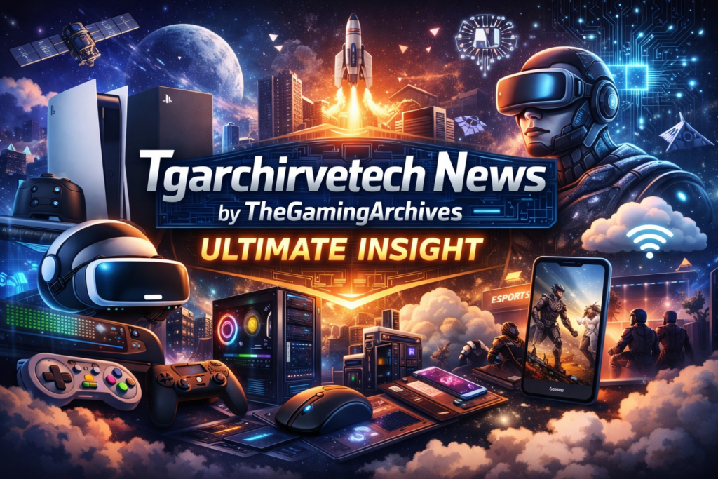 Feature image for Tgarchirvetech News by TheGamingArchives showing modern gaming consoles, VR headsets, gaming PC, mobile gaming, esports, and futuristic tech elements in a vibrant, 16:9 composition.