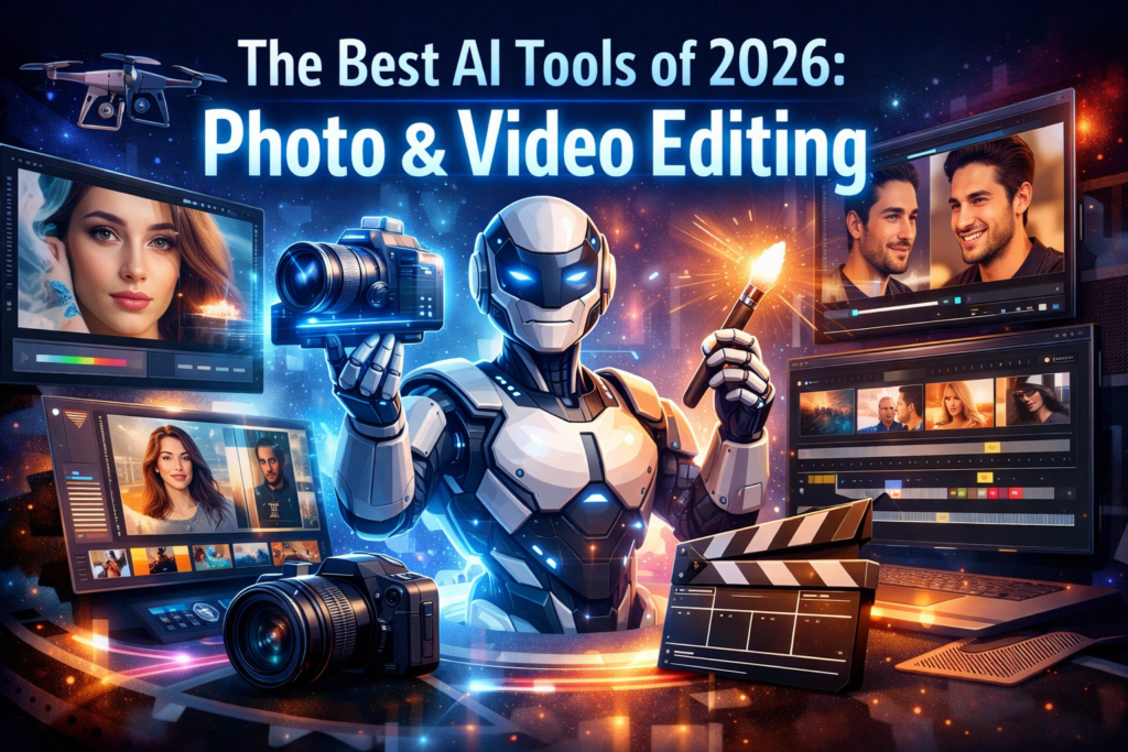 Feature image for The Best AI Tools of 2026: Top Picks for Photo and Video Editing Creators showing a futuristic AI robot surrounded by photo and video editing screens, cameras, and creative digital tools in a 16:9 layout.