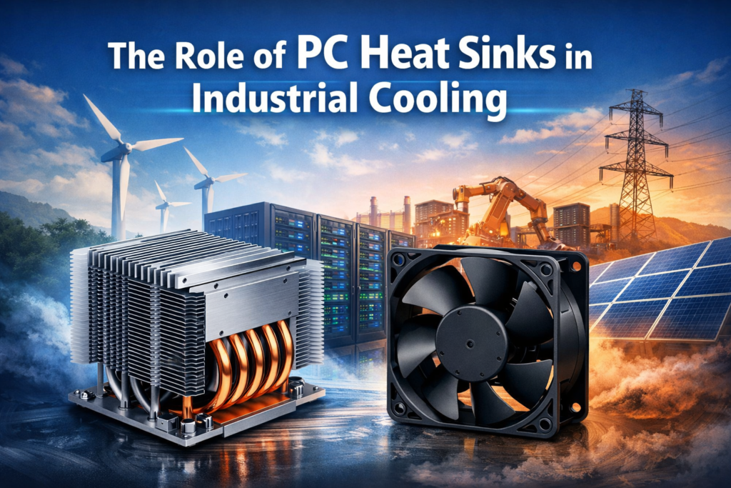 The Role of PC Heat Sinks in Industrial Cooling: A large aluminum heat sink with copper heat pipes paired with a DC axial fan in an industrial and data center environment, showing efficient thermal management