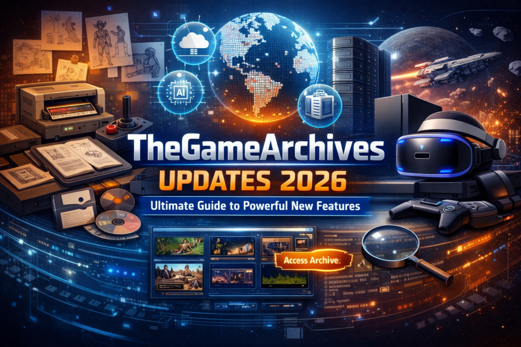 Feature image for TheGameArchives Updates showing a futuristic digital archive interface with retro consoles, AI icons, cloud storage symbols, and modern VR gaming technology in a 16:9 layout.