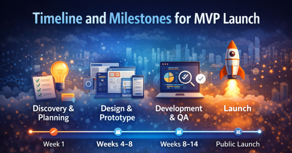 Custom MVP Software Development timeline illustration showing discovery, design, development, QA, and launch milestones for 2026.