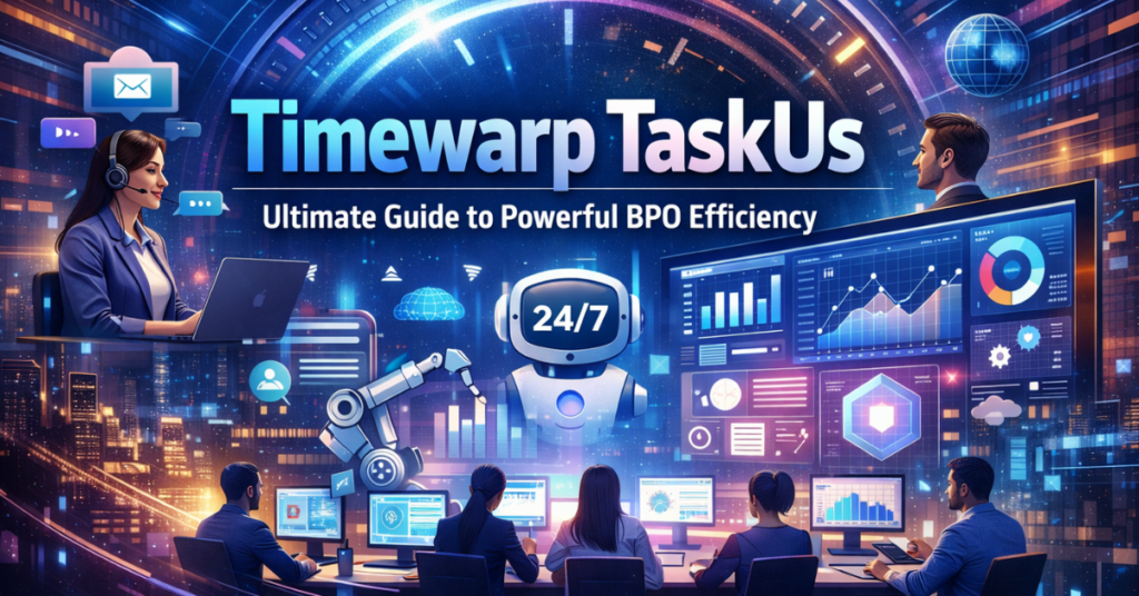 Timewarp TaskUs BPO efficiency platform showing AI automation, workforce management dashboards, and cloud-based customer support operations.