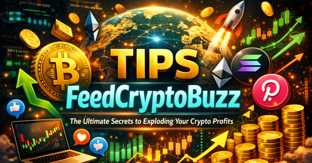 Feature image for Tips FeedCryptoBuzz: The Ultimate Secrets to Exploding Your Crypto Profits showing cryptocurrency coins, charts, digital analytics, and social engagement icons in a futuristic style.