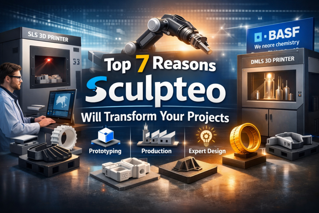 3D Printing Service Sculpteo showing industrial 3D printers, designer optimizing 3D models, and printed parts for prototyping and production in a modern high-tech lab.