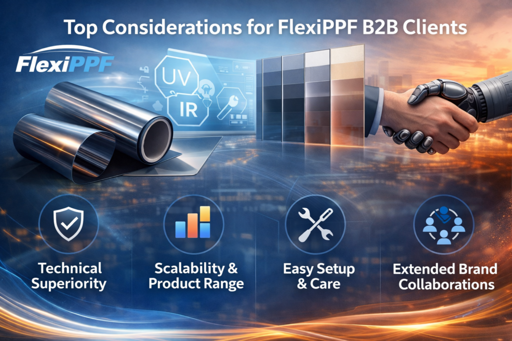 Feature image showing FlexiPPF nano-ceramic window tint films being professionally installed on a vehicle, highlighting UV protection, heat rejection, durability, and B2B collaboration support for automotive businesses.