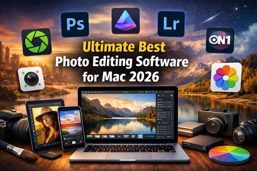 Workspace with MacBook, iPad, and iPhone showing the Best Photo Editing Software for Mac 2026, surrounded by camera gear and color tools.