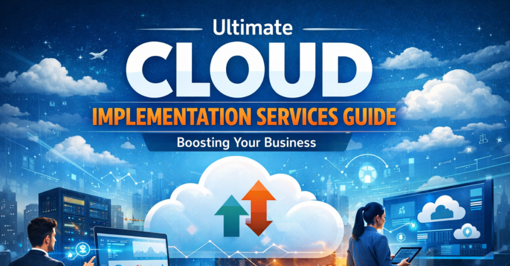 Feature image showing Cloud Implementation Services with cloud icons, IT professionals, servers, and data analytics, symbolizing business growth and cloud infrastructure management.