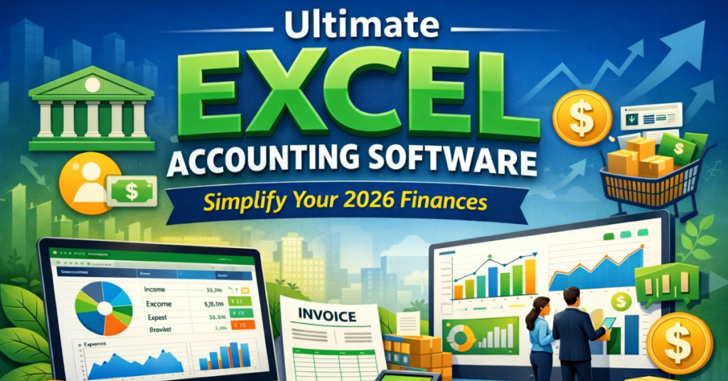 Feature image of Excel Accounting Software dashboard on a laptop screen with financial charts, invoice sheet, calculator, and business growth graphics representing 2026 finance management.