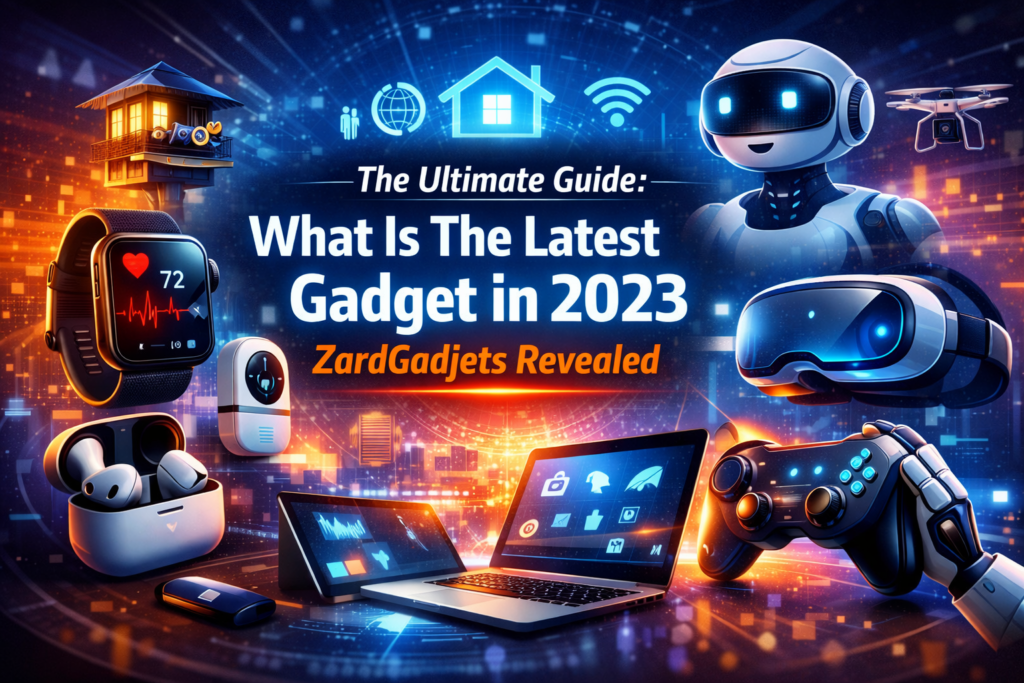 Feature image showing a futuristic collection of smart devices, VR headset, smartwatch, gaming controller, and AI gadgets for the article 'What Is The Latest Gadget In 2023 ZardGadjets'.