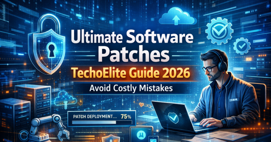 Software Patches TechoElite dashboard showing AI-powered patch deployment, cybersecurity protection, and system update management in 2026.