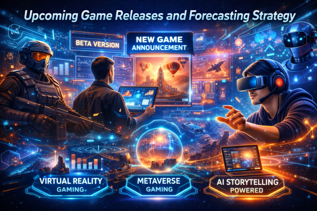 Futuristic gaming feature image showing VR gaming, metaverse environments, AI-powered storytelling, and upcoming game releases for competitive gaming forecasting in 2026.