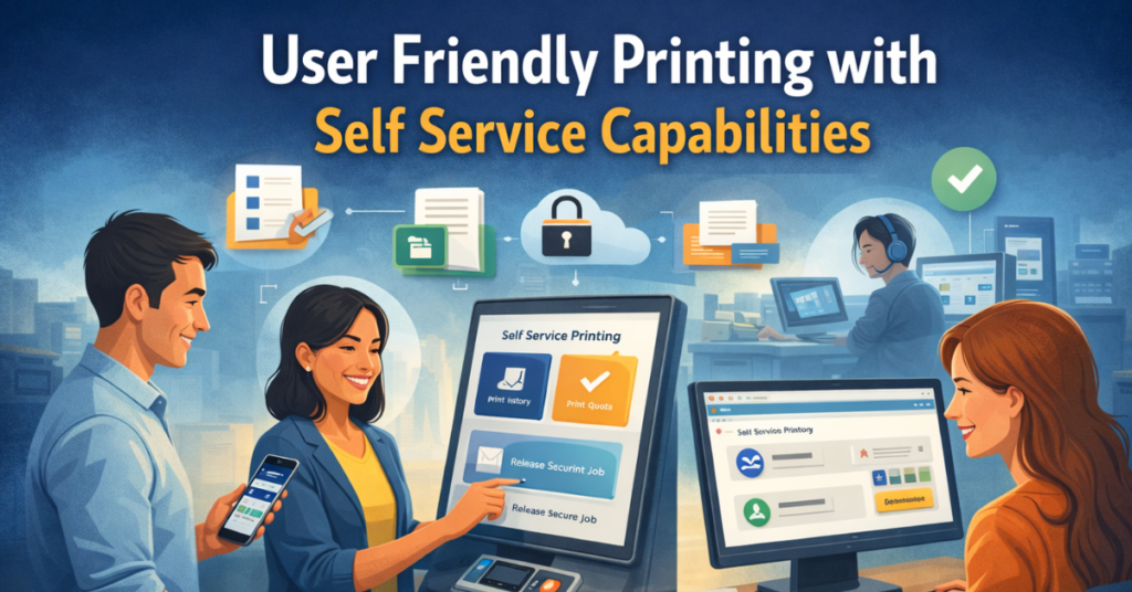 User friendly self service printing interface showing secure job release, print history, and quota management in a modern office environment