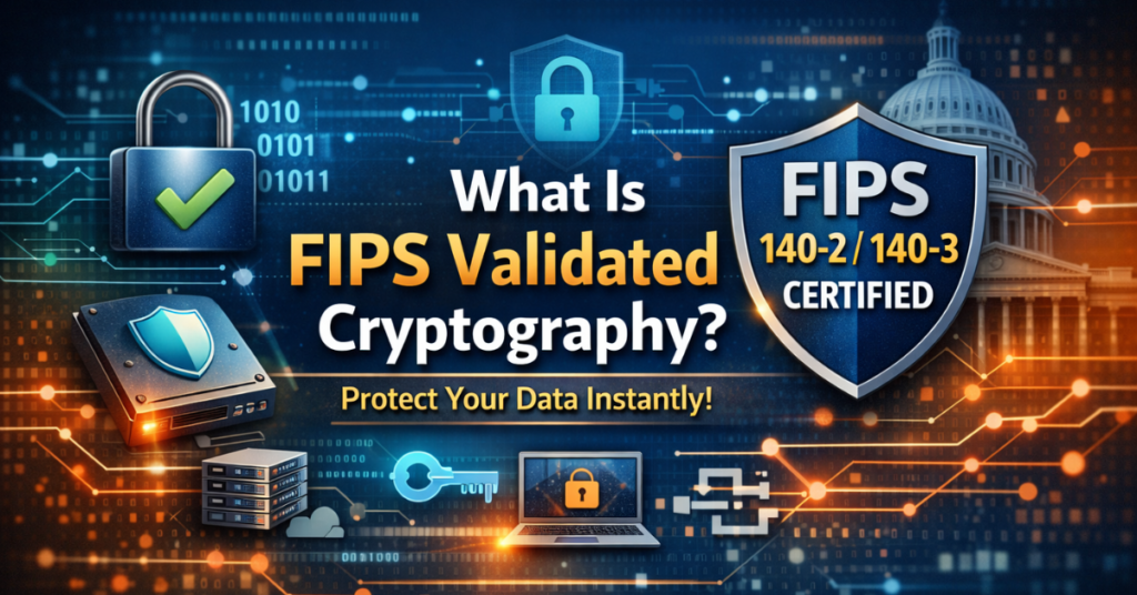 Feature image showing secure data protection with digital locks, encryption keys, servers, and shield icons, representing FIPS Validated Cryptography for government and sensitive data security.