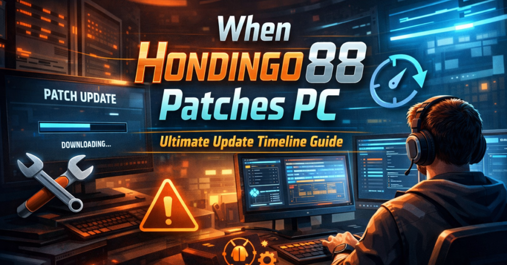 Feature image showing a modern PC setup with holographic update windows and a timeline, representing 'When Hondingo88 Patches PC'.