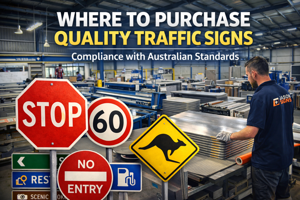Professional manufacturing of compliant Australian traffic signs in a workshop, showing reflective regulatory and warning road signage prepared for installation across Australia.