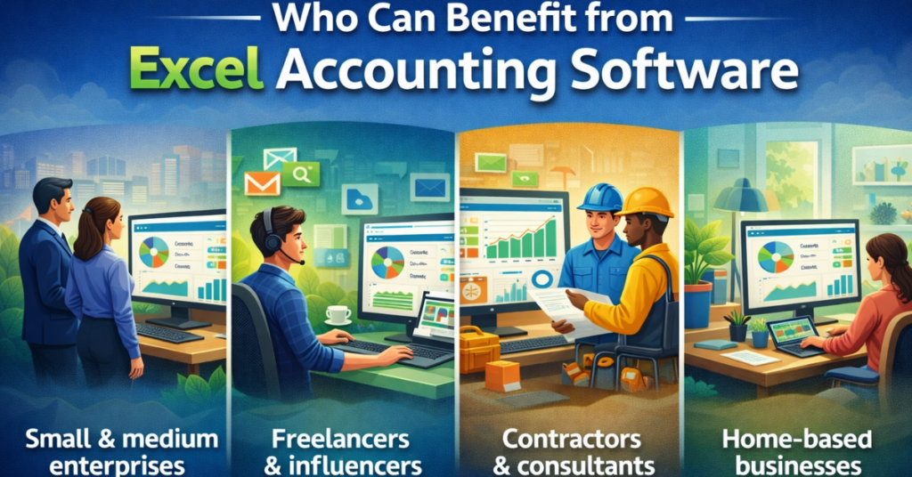 Illustration showing who can benefit from Excel Accounting Software, including SMEs, freelancers, contractors, and home-based businesses using financial dashboards and reports on desktop screens.