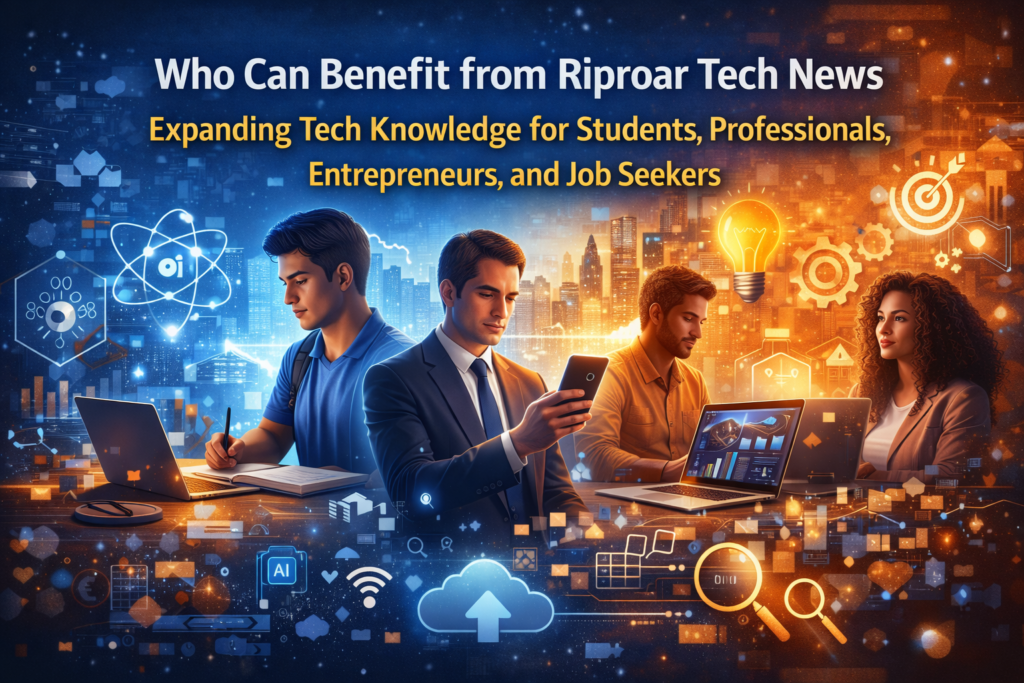 Who Can Benefit from Riproar Tech News – diverse group of students, professionals, and small business owners using laptops, tablets, and smartphones, with icons representing AI, digital tools, and technology growth.