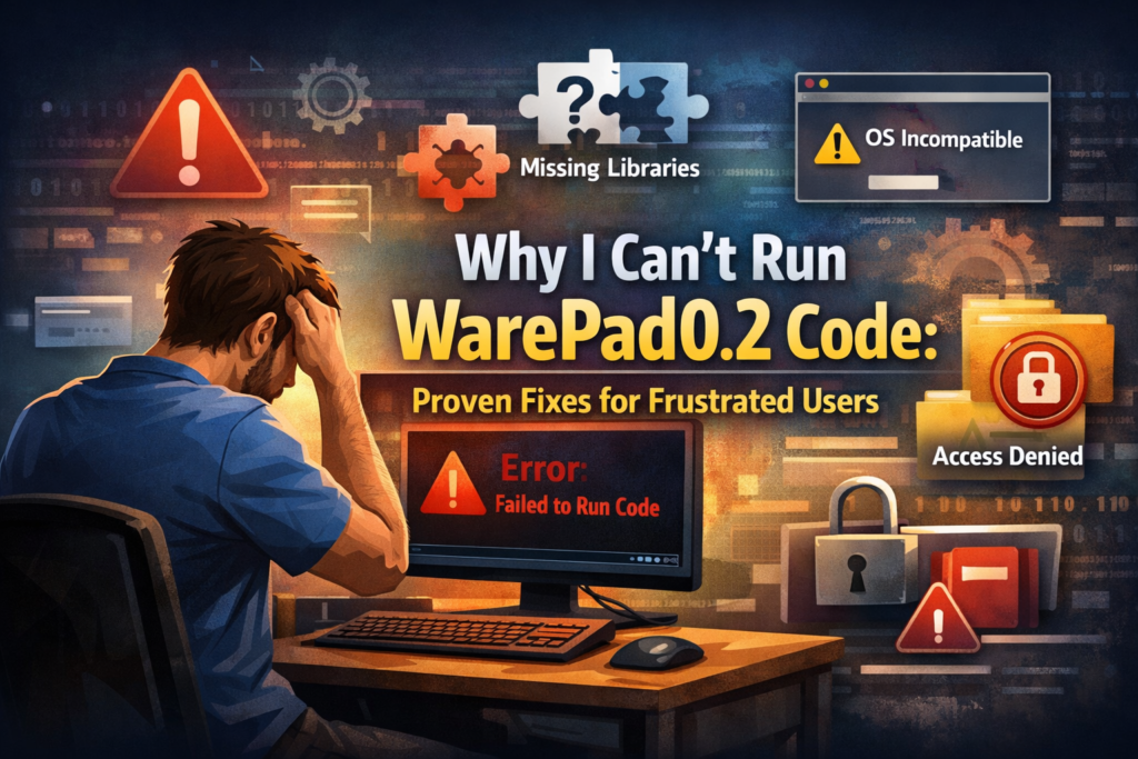 Why I Can't Run WarePad0.2 Code: Proven Fixes for Frustrated Users – a frustrated developer facing error messages, missing dependencies, OS incompatibility warnings, and access denied issues on a computer screen (16:9 feature image).