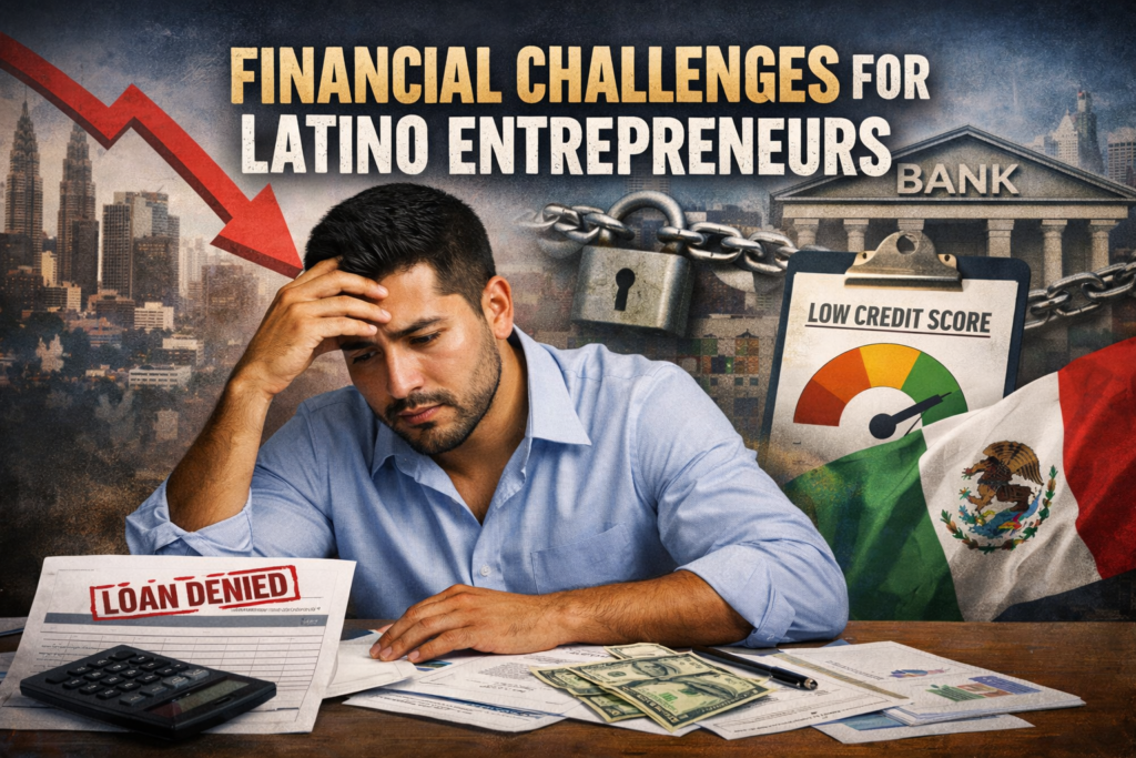 Why Latino Entrepreneur Are Facing Financial Challenges – stressed Latino businessman sitting at desk with loan denied papers, low credit score chart, bank background, and financial documents in 16:9 feature image.